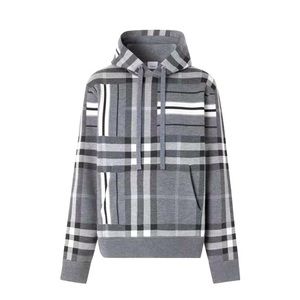 Burberry Check and Stripe Wool Blend Jacquard Hoodie Dark Grey Melange